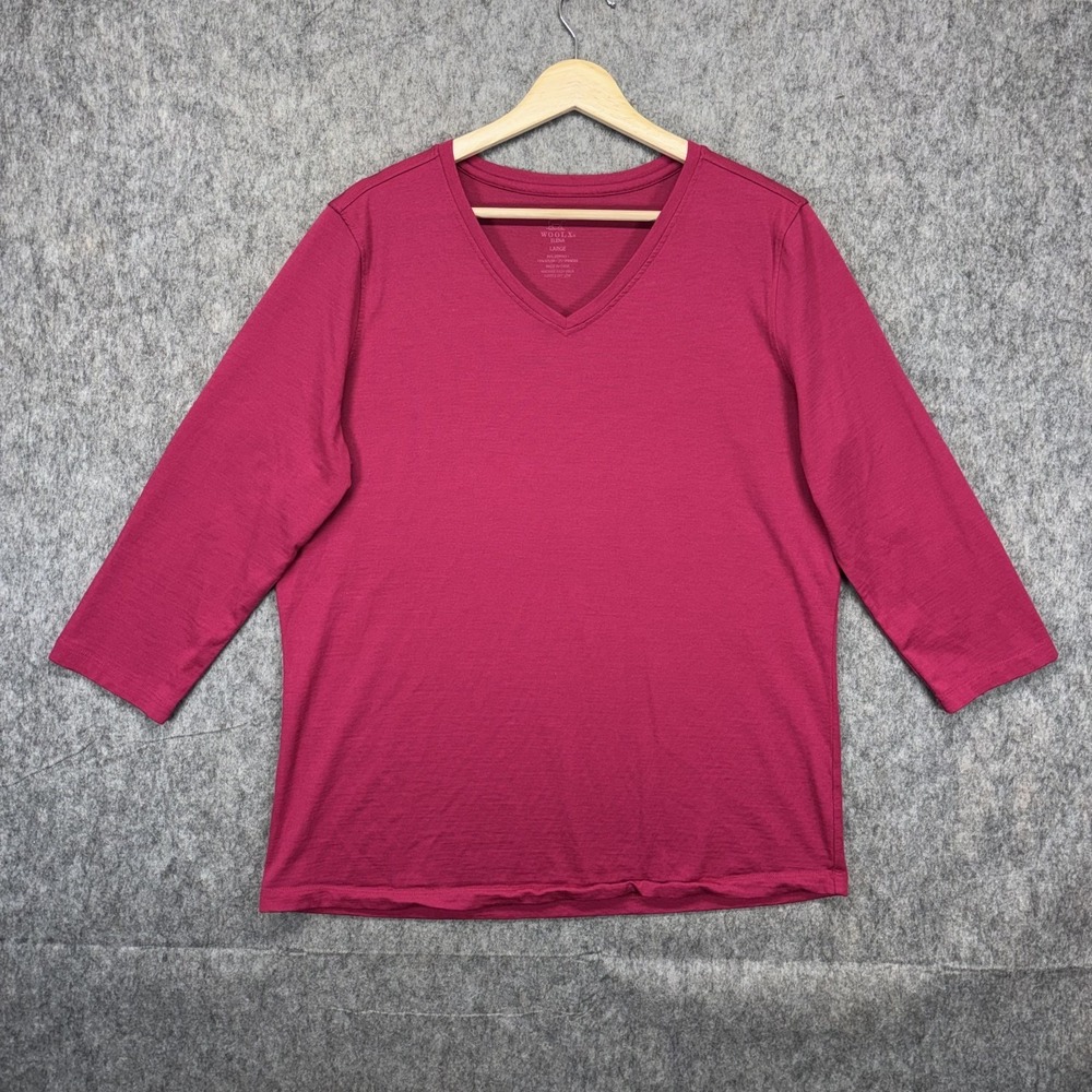 Woolx Elena 3/4 Sleeve V Neck Shirt Womens Large Merino Blend Wool Berry Pink